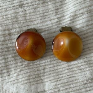 Vintage Glass Amber Marbled Round Clip-On Earrings